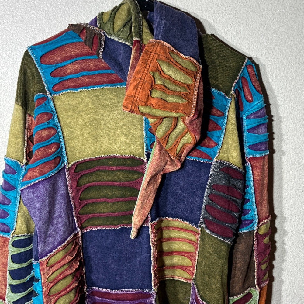 KPC Colorful Boho Gypsy Patchwork Zip Jacket Liripipe Style Hood & Front Pockets - Picture 5 of 8